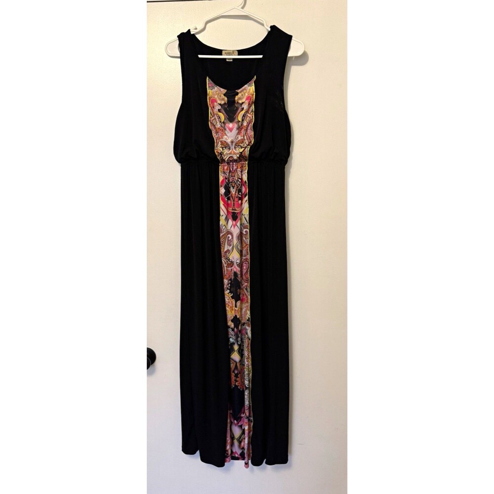 Oneworld Women’s Maxi Dress Black Multicolor Paisley Scoop Neck Sleeveless L